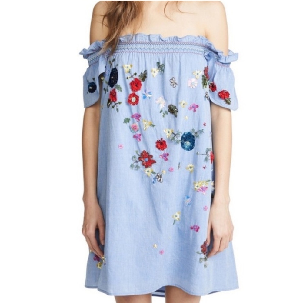 Joie Clarimonde Off-the-Shoulder Cotton Chambray Sequin Floral Dress